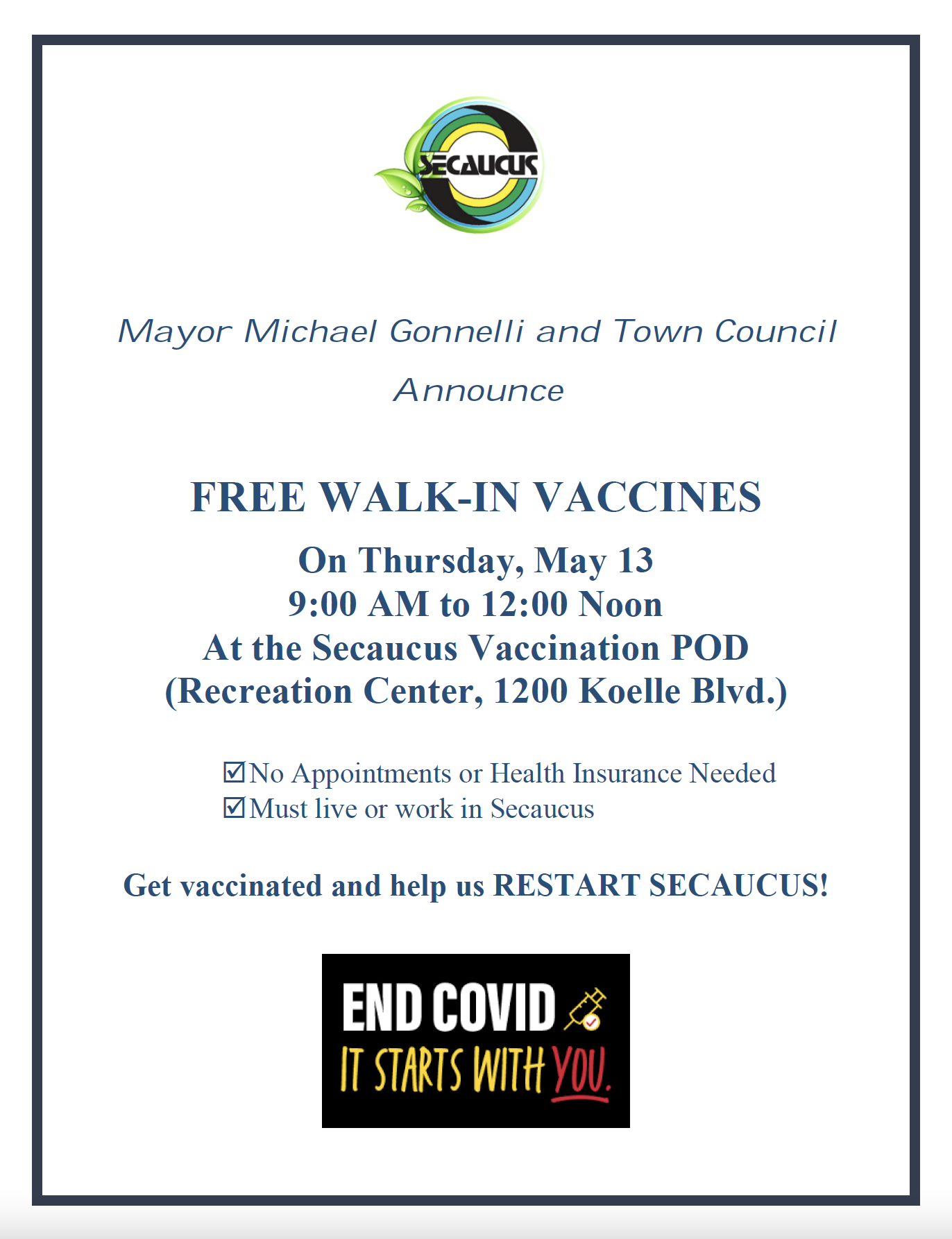 May 13 - FREE Walk-in Vax Day