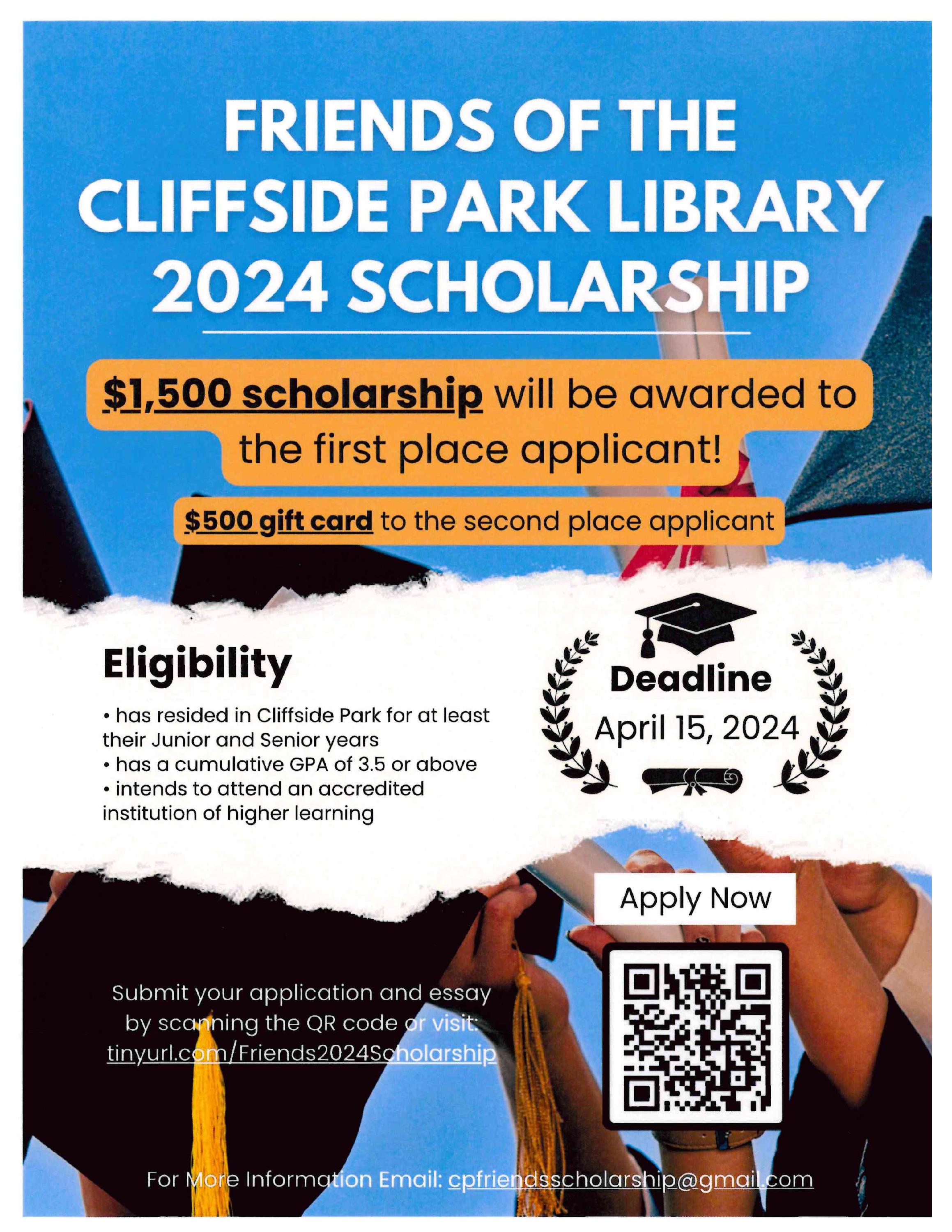 Application are now being accepted for Friends Of The Cliffside Park Library 2024 Scholarship