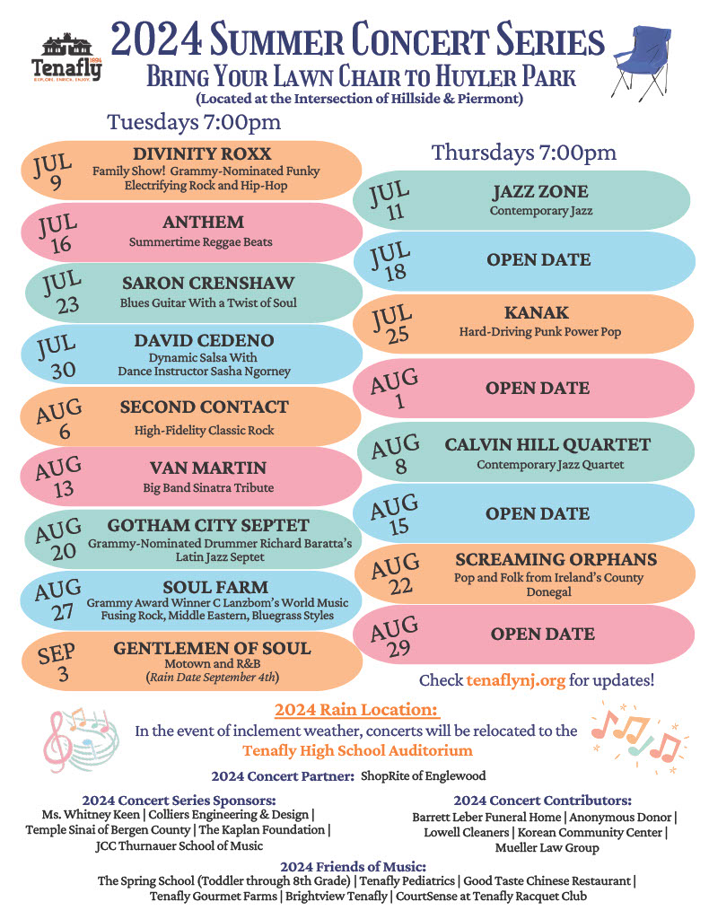 2024 Tenafly Summer Concert Series Schedule