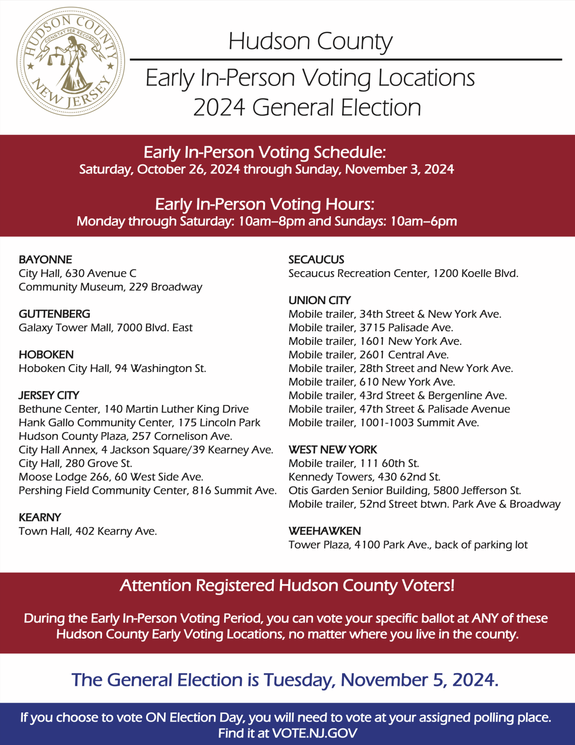 Hudson County Early In-Person Voting Locations